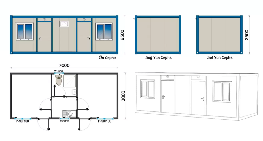 3x7 Şantiye Tipi Çift Giriş 2 Oda Wc Duş Mutfak Konteyn