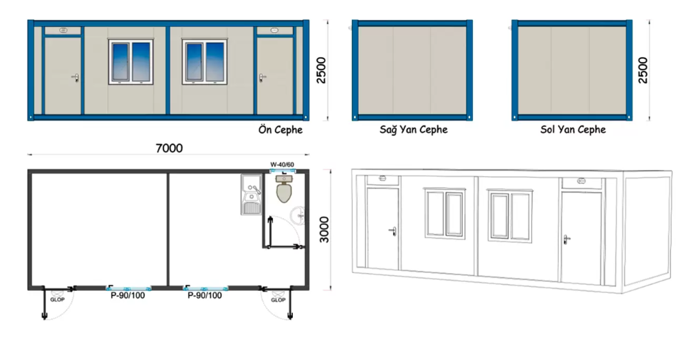 3x7 Şantiye Tipi Çift Giriş 2 Oda Wc Mutfak Konteyner 