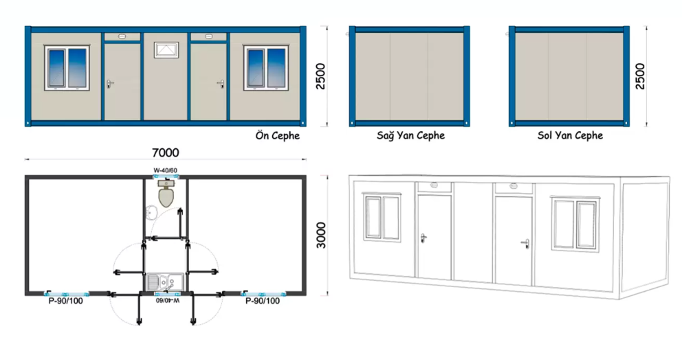 3x7 Şantiye Tipi Çift Giriş 2 Oda Wc Mutfak 
